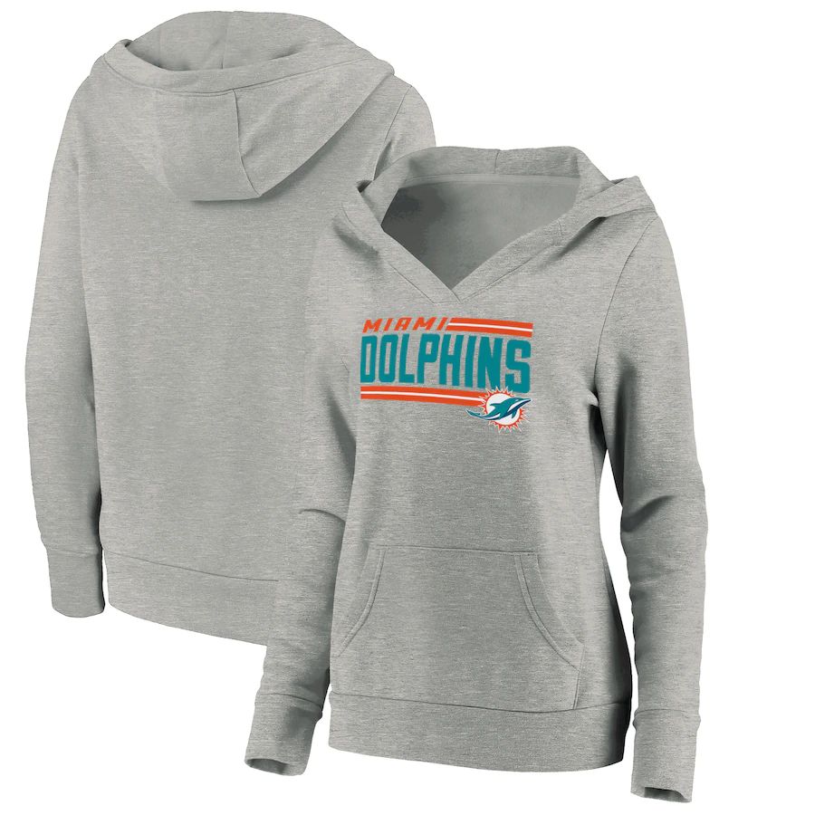 Women Miami Dolphins Fanatics Branded Heathered Gray On Side Stripe V-Neck Pullover Hoodie